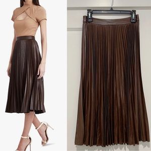 BCBGMAXAZRIA Brown Faux Leather Pleated Midi Skirt